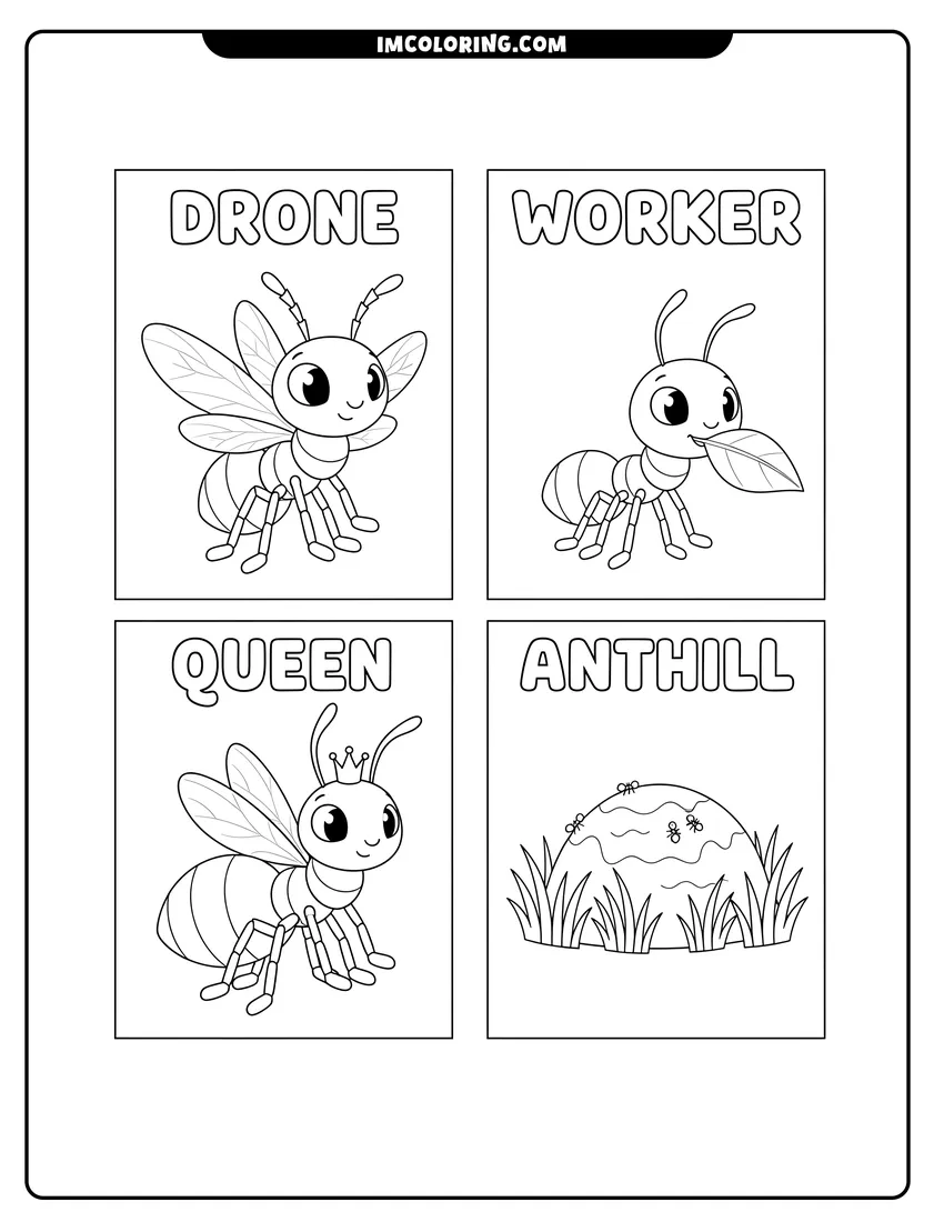 Printable coloring page featuring Four flashcards showing different types of ants and hills