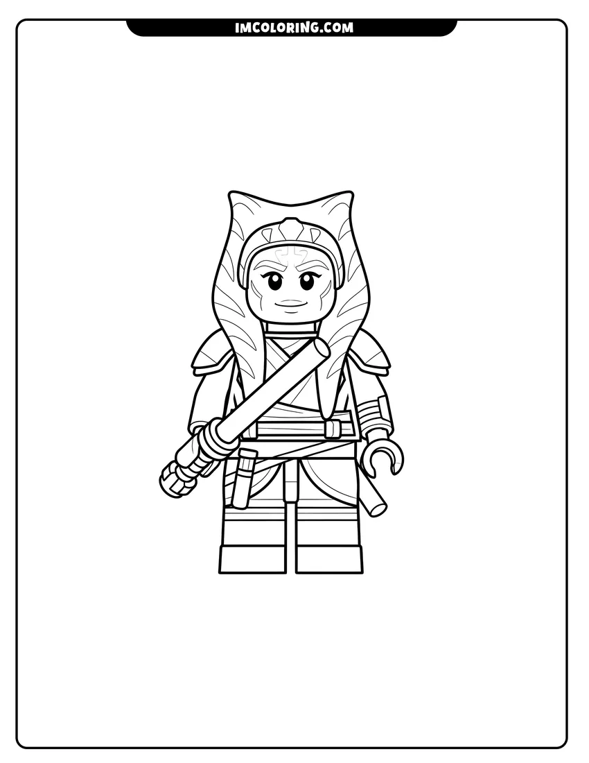 Coloring sheet of Lego Ahsoka Tano minifigure holding a lightsaber for kids
