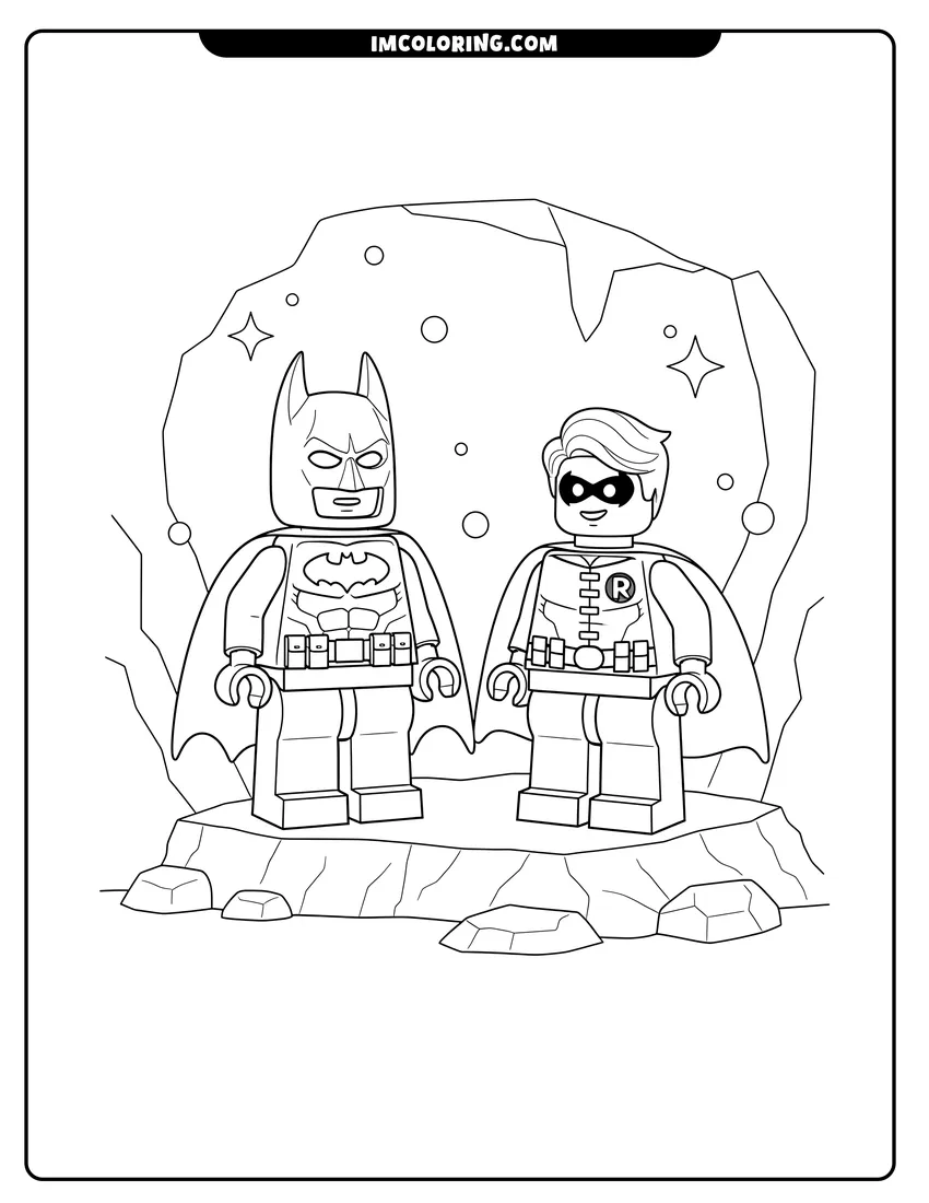 Lego Batman and Robin minifigures in a cave drawing meant for coloring