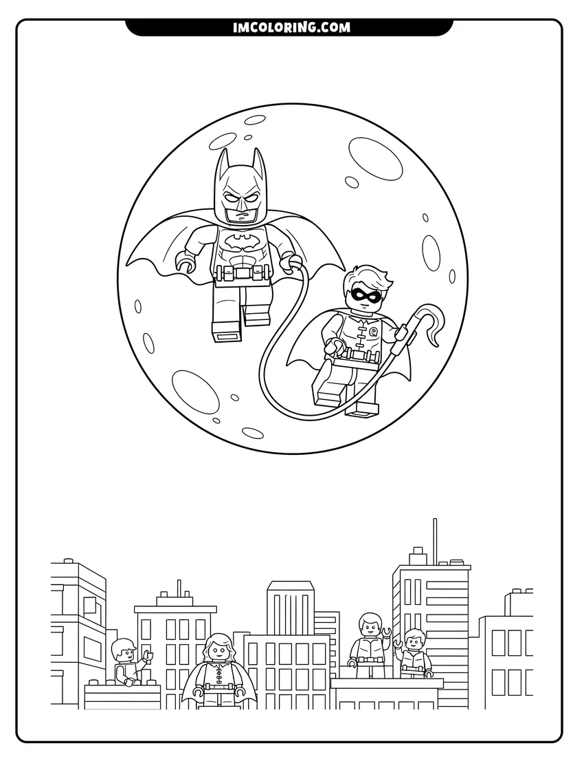 Simple sketch of Lego Batman and Robin leaping in front of the moon for children