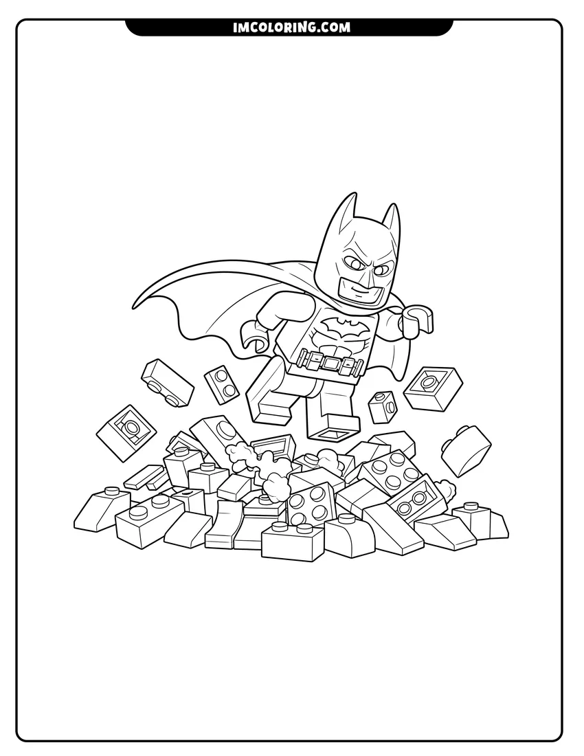 Line art depicting Lego Batman minifigure leaping through building bricks