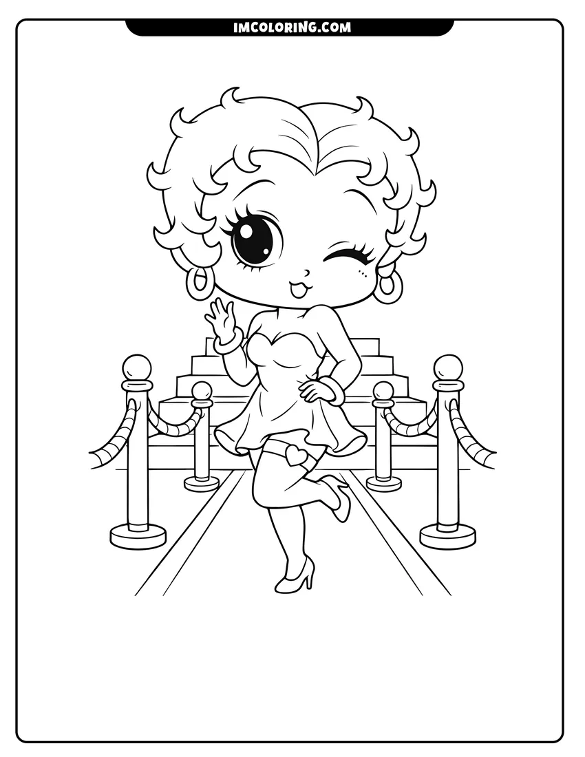 Printable outline of Chibi Betty Boop with big eyes on theater stairs