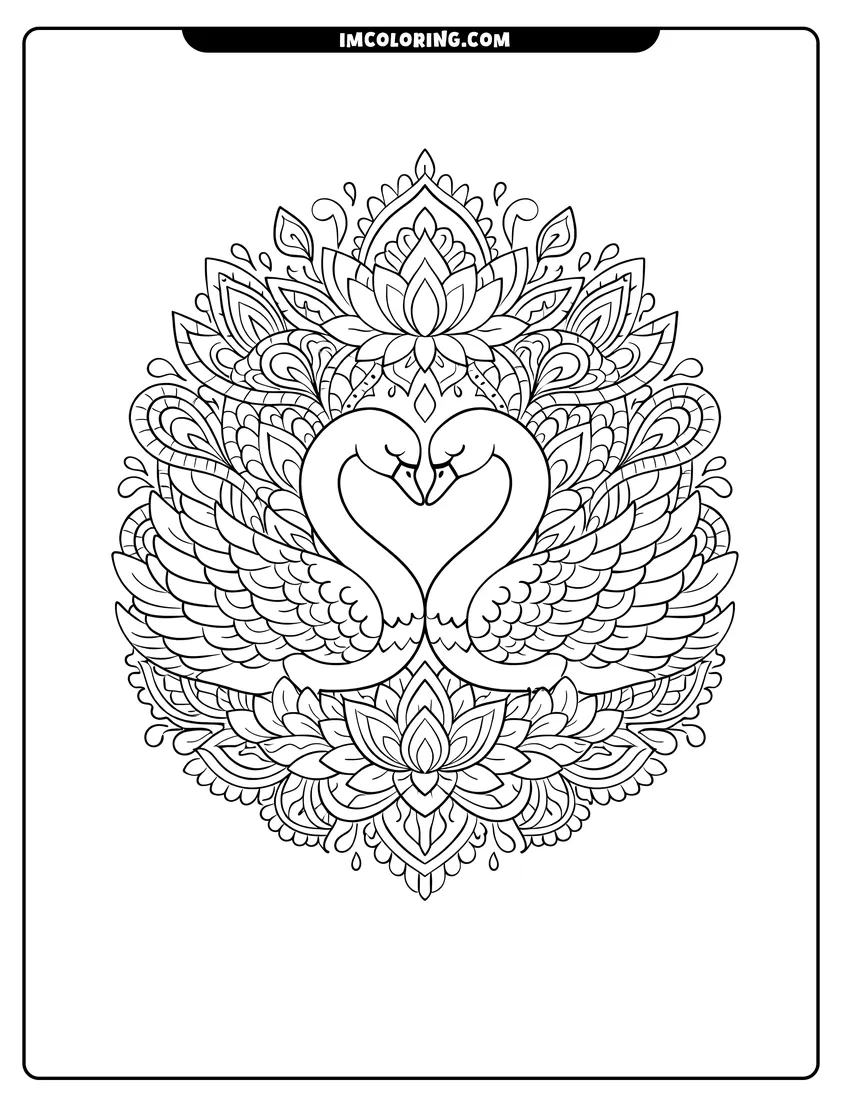 Line art depicting Two swans forming a heart inside a symmetrical mandala