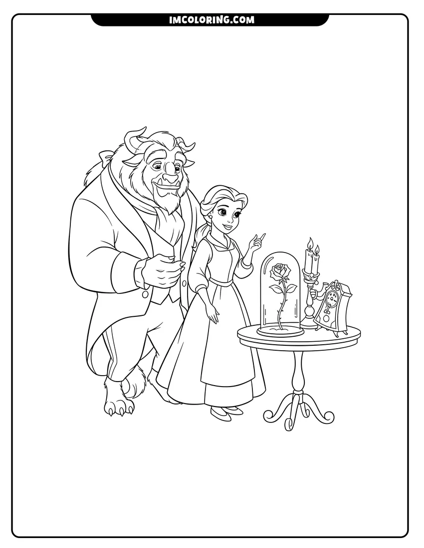 Illustration of Lumiere and Cogsworth showing the enchanted rose to Belle ready for painting