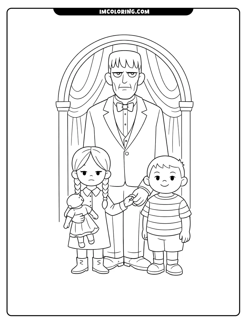 Simple sketch of Lurch holding hands with Wednesday and Pugsley Addams for children