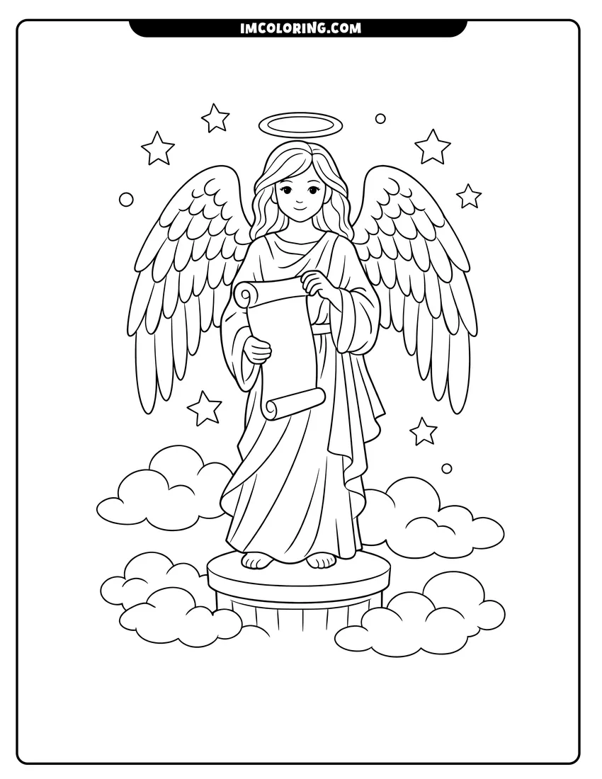 Cute Majestic angel holding an unrolled scroll on a pedestal outline for coloring