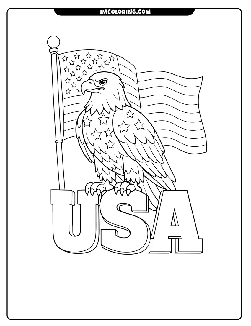 Detailed Eagle perched on USA letters with American flag design for coloring