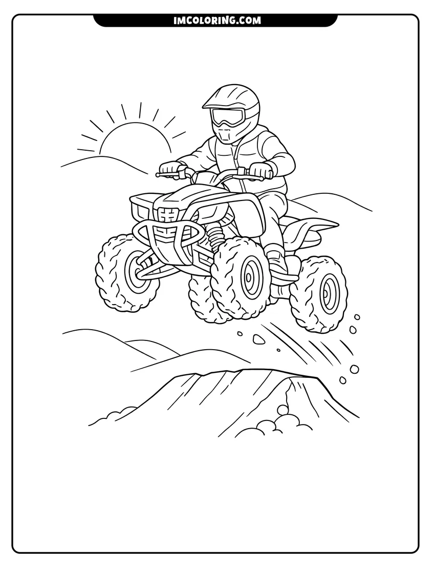 Black and white Man on an ATV caught in mid-air coloring sheet