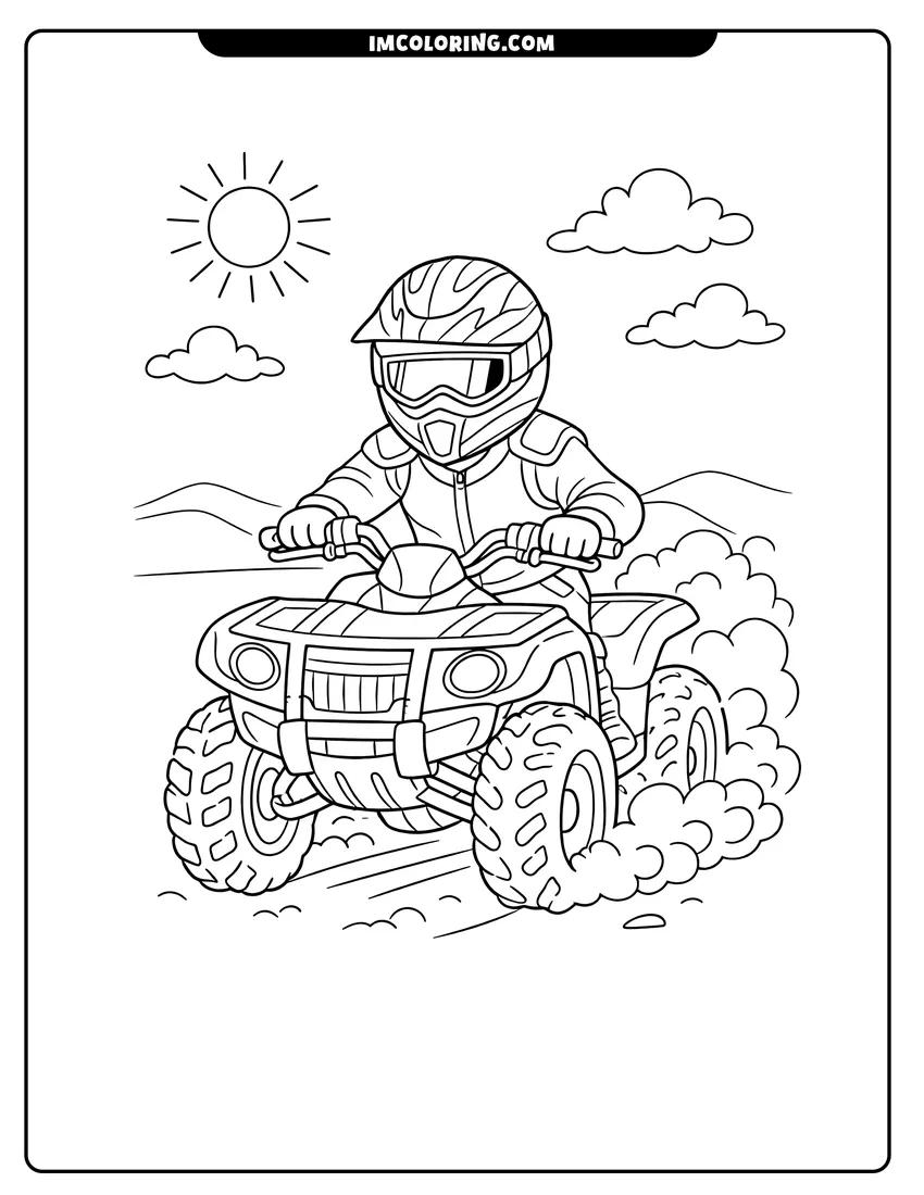 Printable Man driving a four-wheeler on a dirt trail coloring activity
