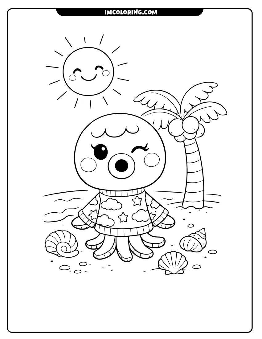 Cute Marina the octopus villager on a beach with shells outline for coloring