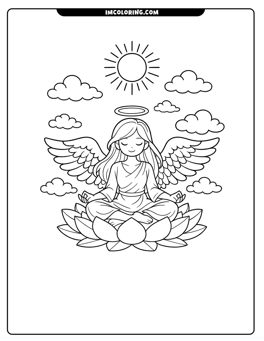 Illustration of Angel meditating on a large lotus flower in clouds ready for painting