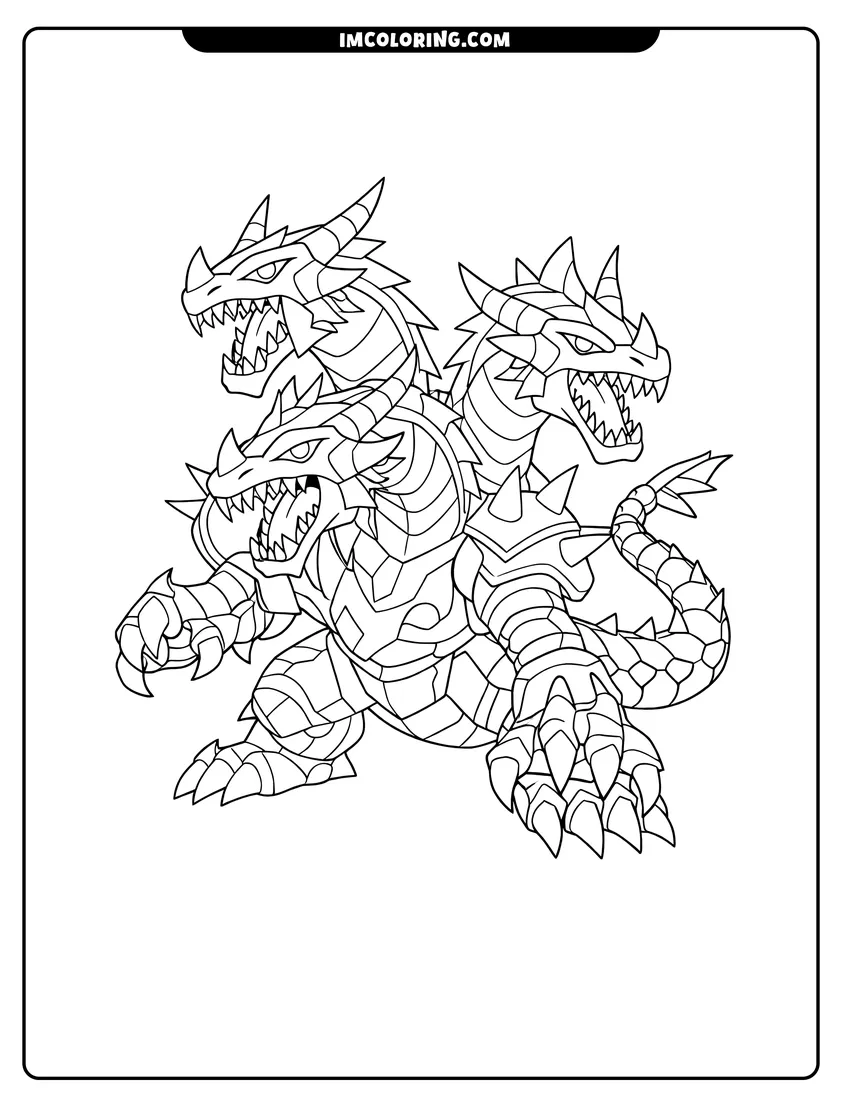 Printable coloring page featuring Dual Hydranoid with three roaring heads