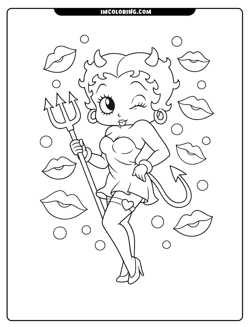 Cute Betty Boop dressed as a mischievous devil outline for coloring