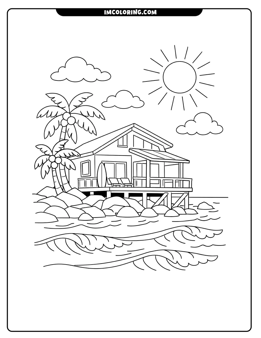 Printable Modern beach house on a rocky shore with palms coloring activity