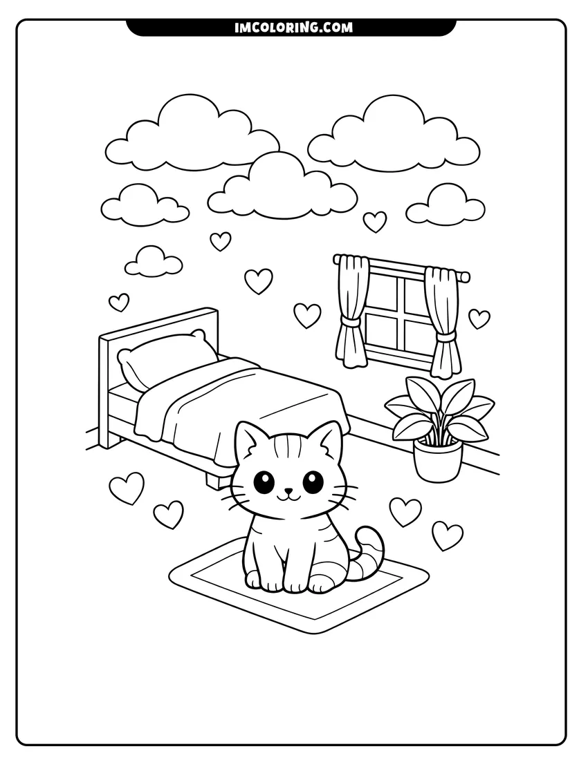 Printable outline of Modern isometric bedroom with a large cat