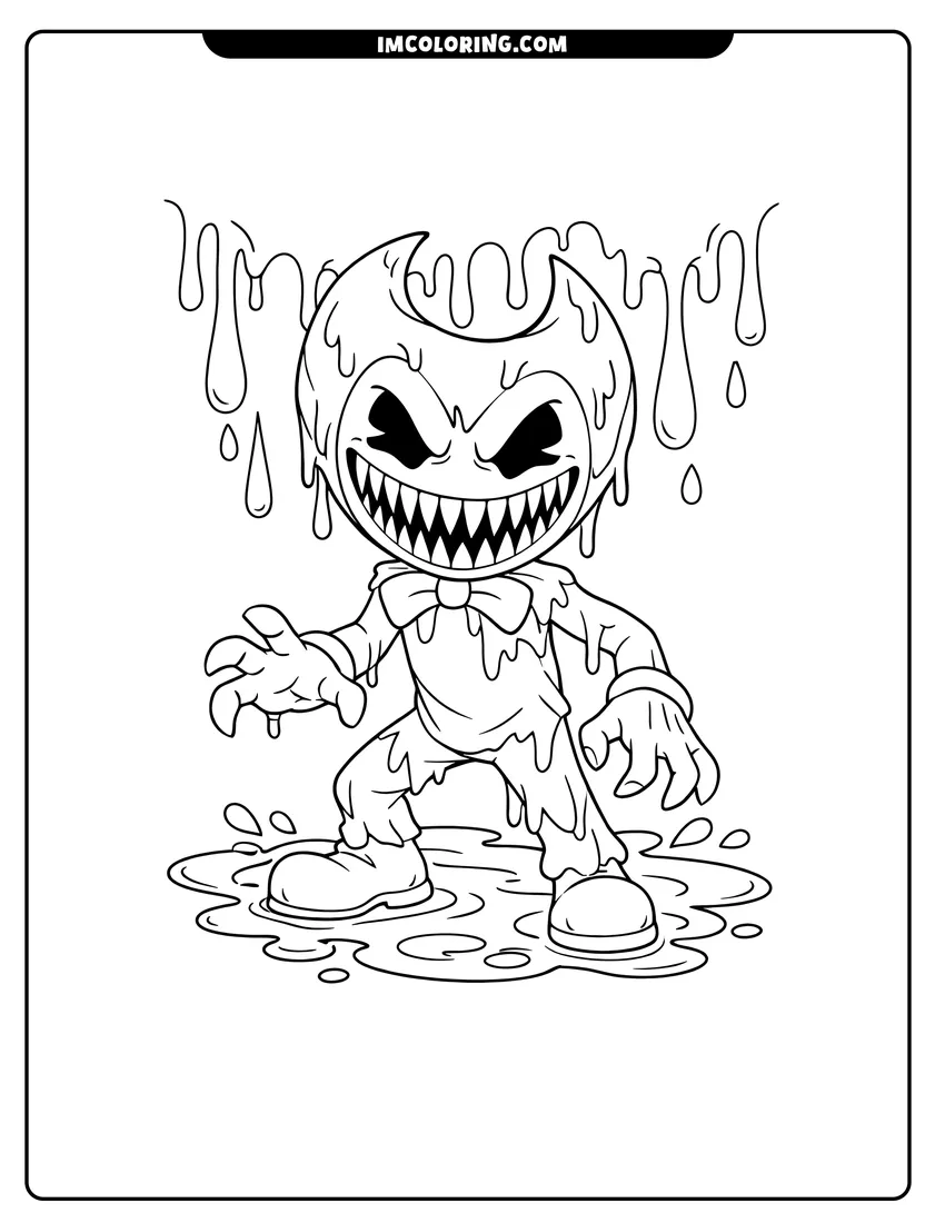 Detailed Monstrous Ink Bendy standing in a large ink puddle design for coloring