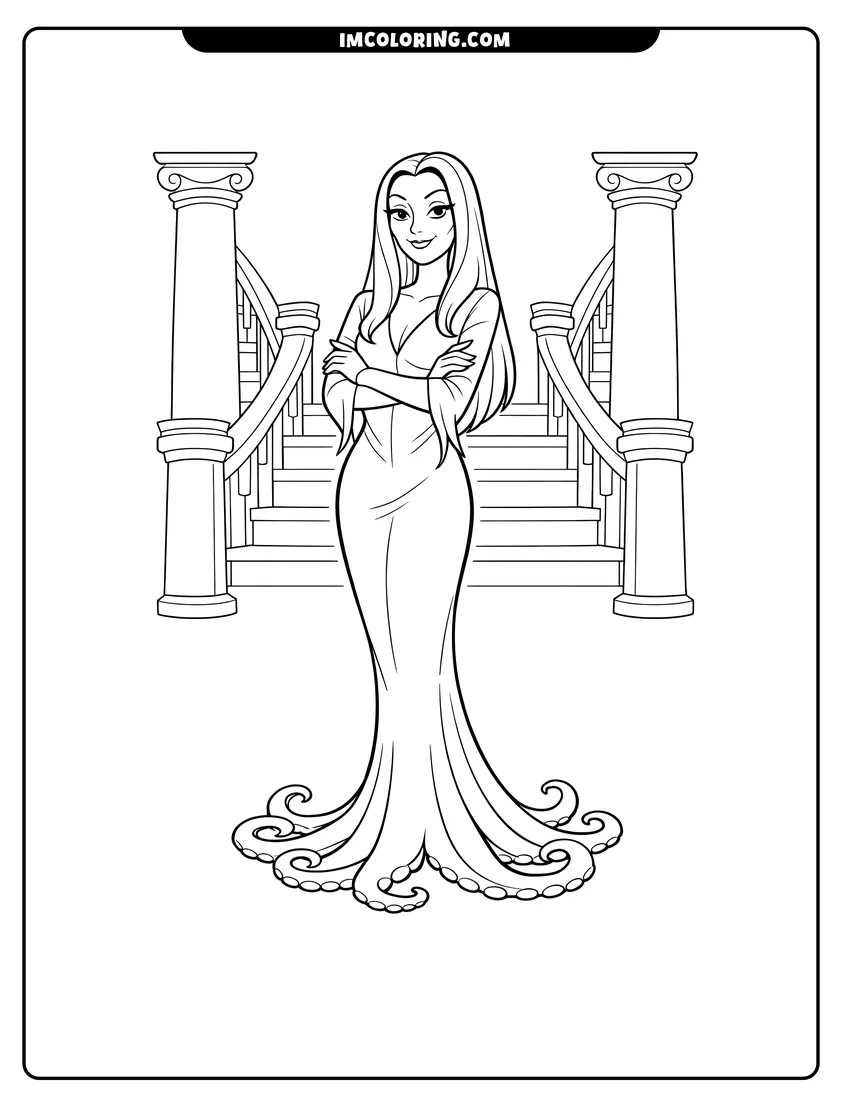 Printable outline of Morticia Addams smiling at the bottom of a grand staircase