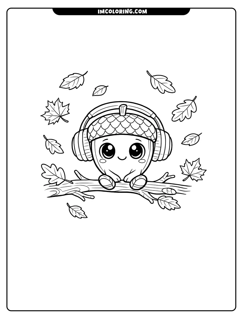 Printable Acorn wearing headphones on a tree branch coloring activity
