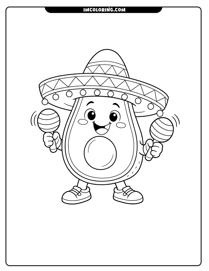 Cartoon avocado wearing a sombrero and shaking maracas coloring page for preschoolers