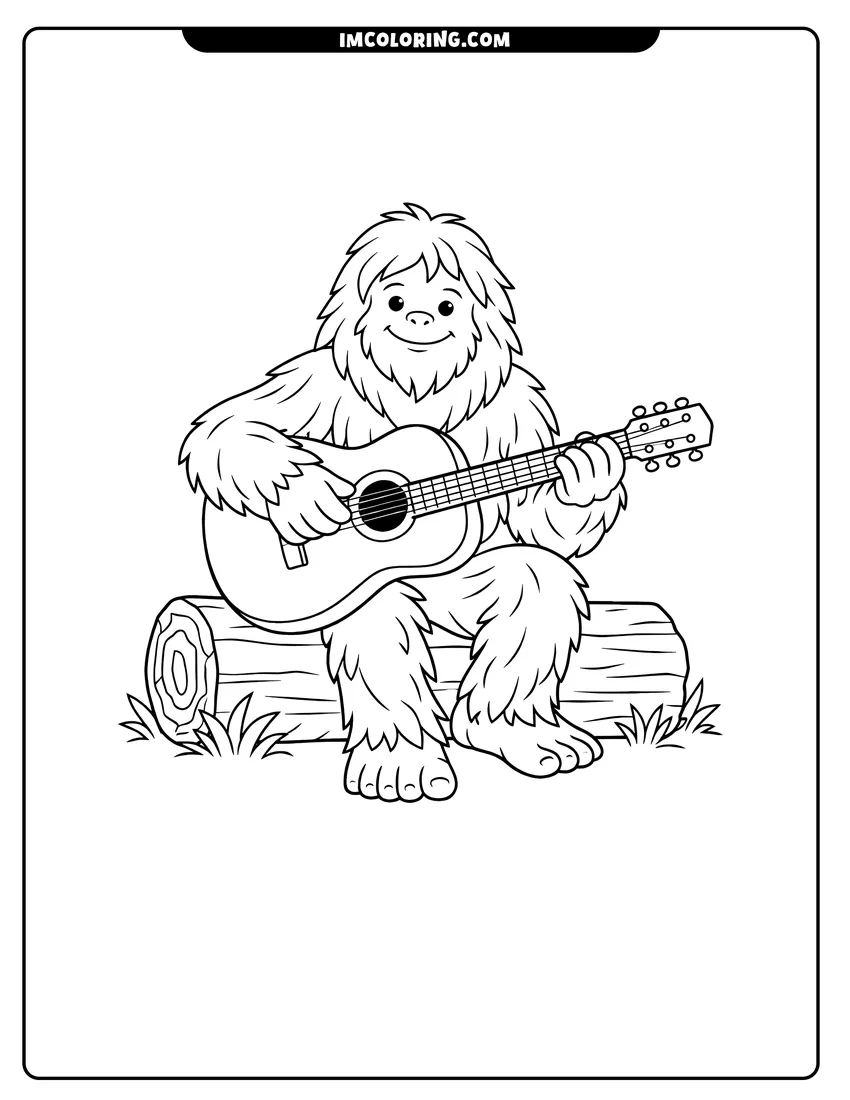 Printable coloring page featuring Friendly Bigfoot Yeti sitting on log playing guitar