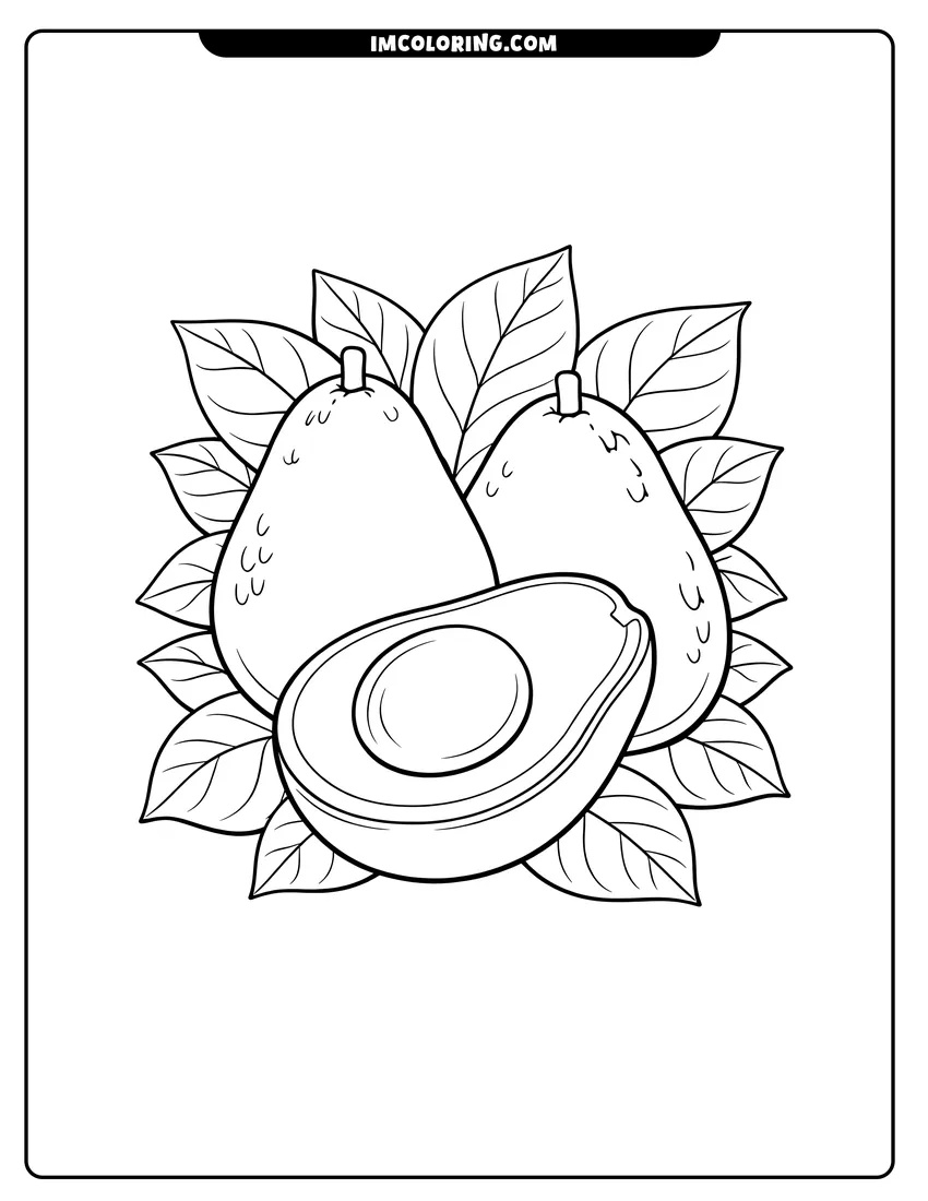 Whole and halved avocados surrounded by large leaves drawing meant for coloring