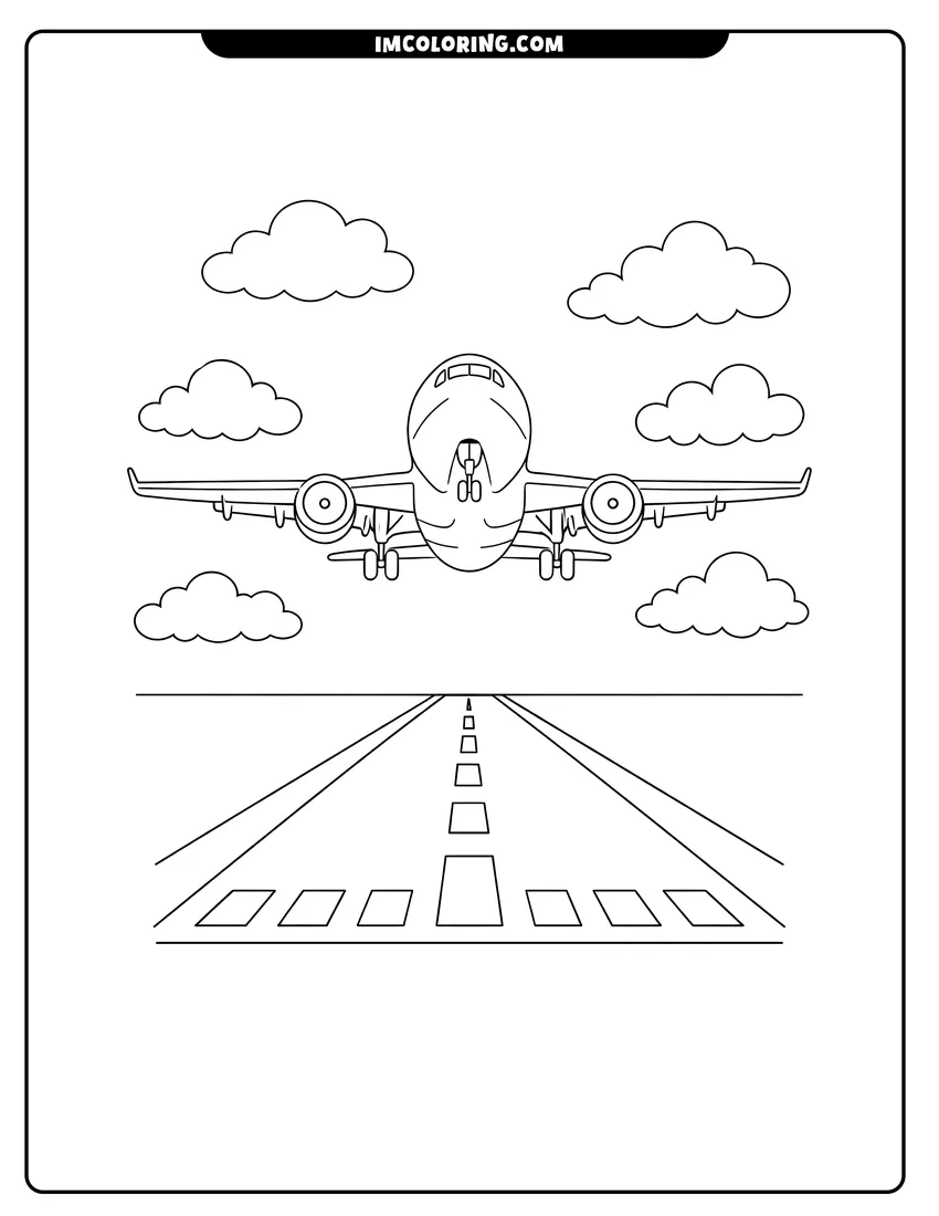 Line art depicting Passenger airplane with landing gear down taking off