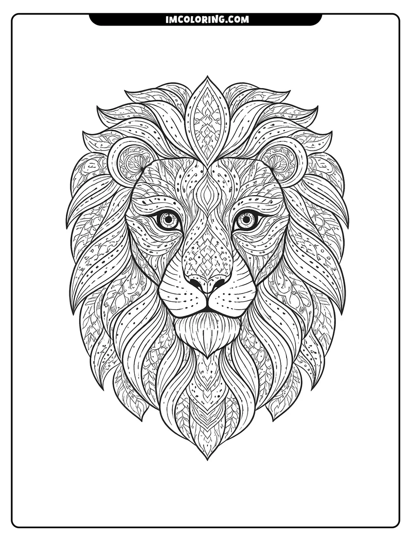 Cute Abstract lion face with intricate patterns and waves outline for coloring