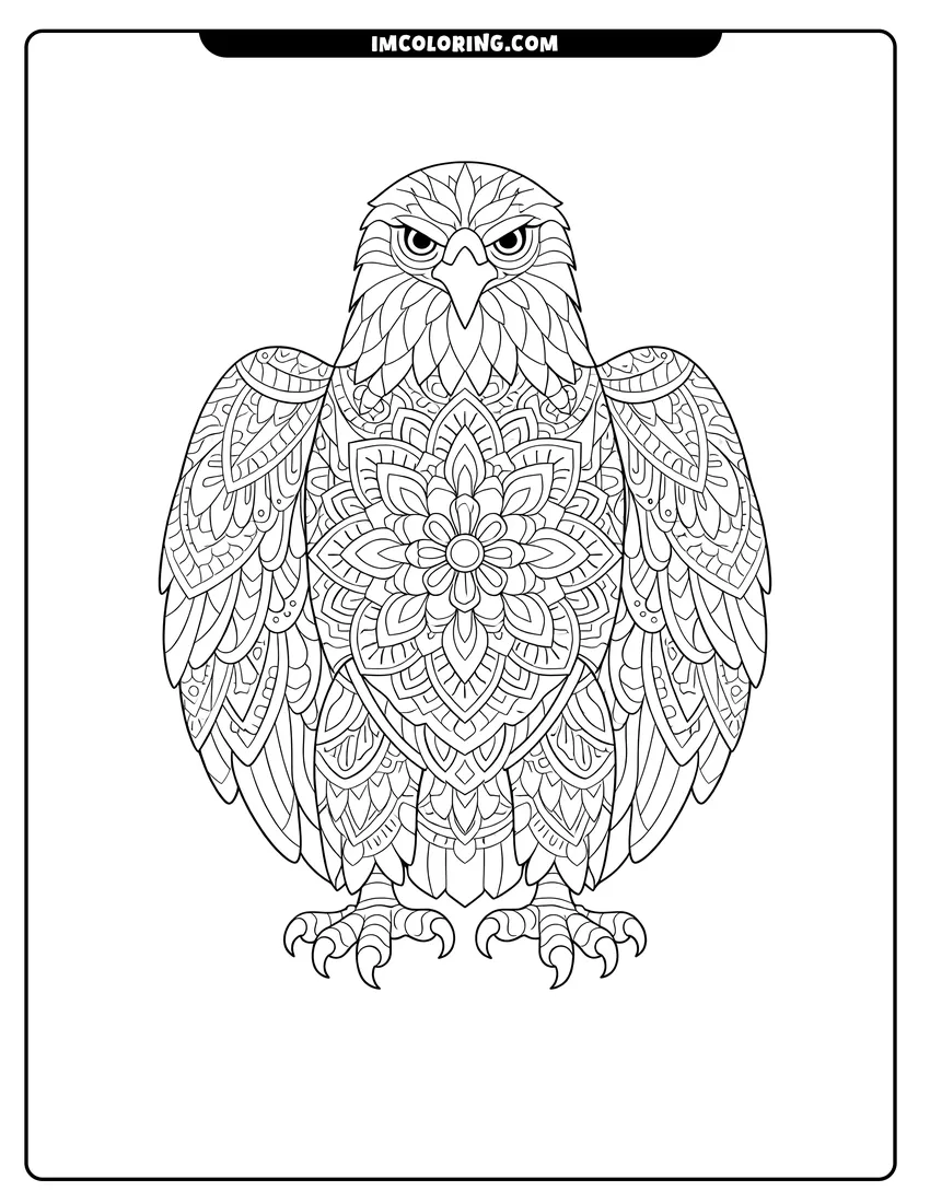 Simple line drawing of Bald eagle with symmetrical mandala feather patterns