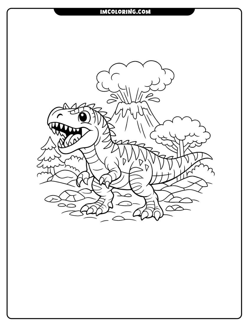 Detailed Cartoon Allosaurus with patterns near a volcano design for coloring