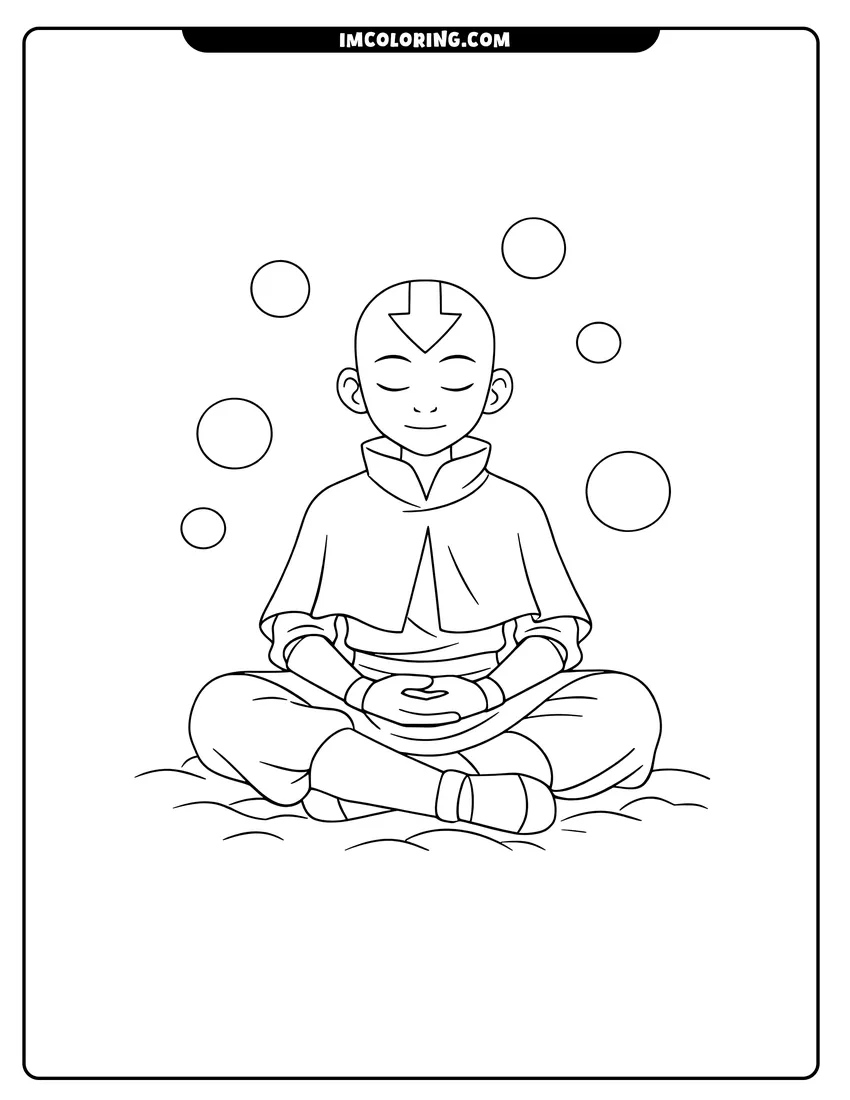 Black and white Aang meditating in the snow coloring sheet