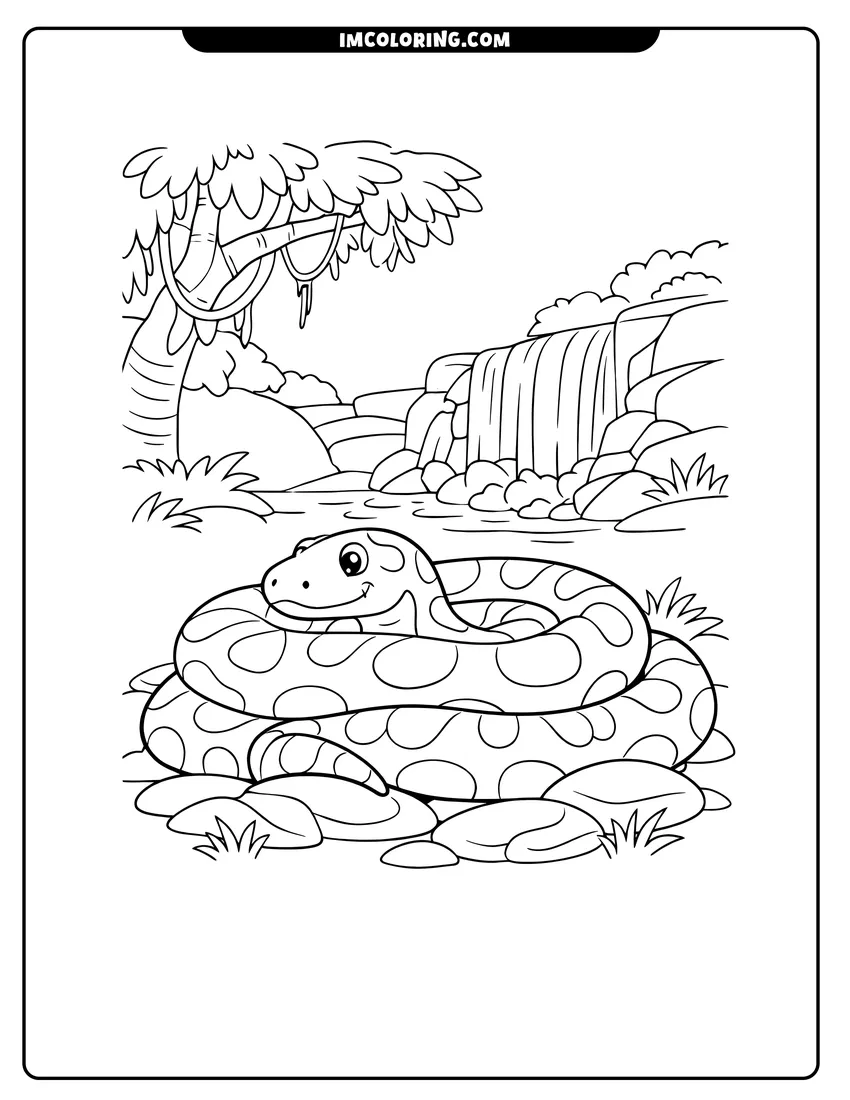 Printable outline of Spotted Anaconda coiled on rocks near a cascading waterfall