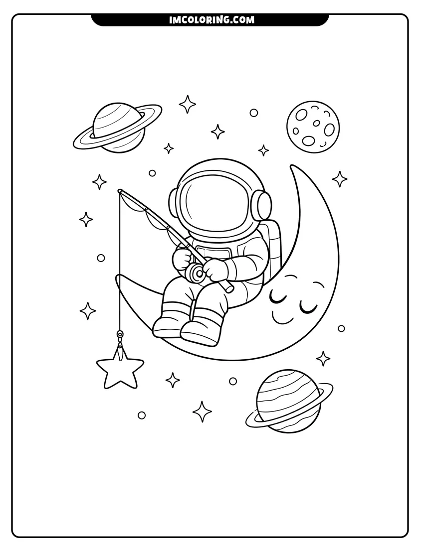 Detailed Astronaut sitting on a crescent moon fishing for stars design for coloring
