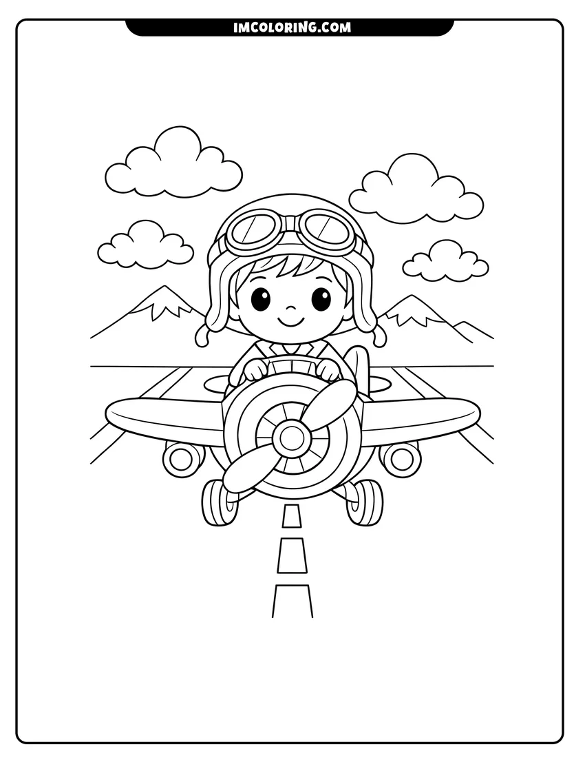 Outline of Cartoon boy pilot in a small propeller airplane on a white background