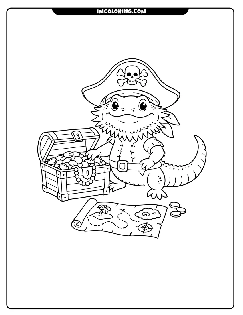 Coloring sheet of Bearded dragon wearing a pirate hat near treasure for kids