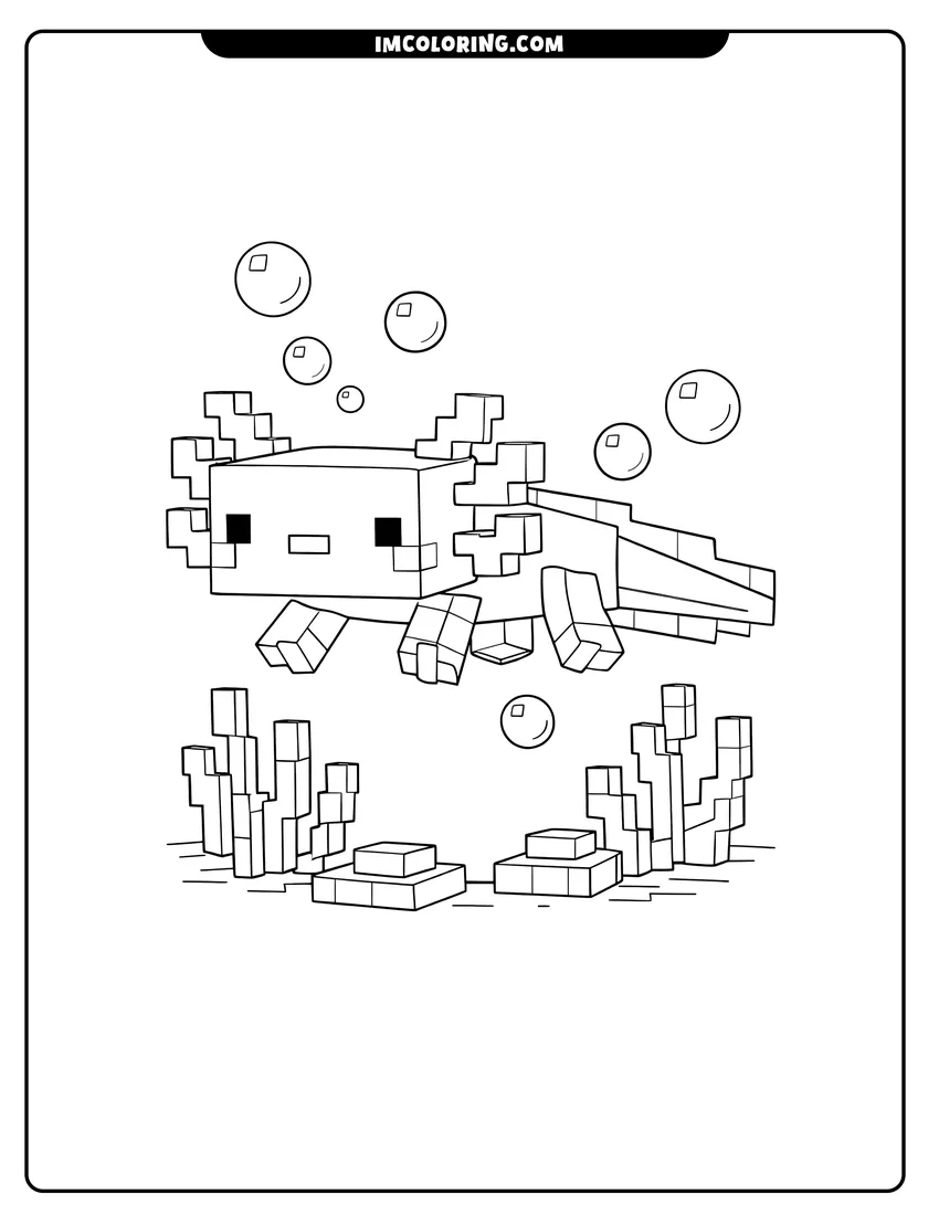 Scene showing Minecraft style axolotl swimming with blocky bubbles to color