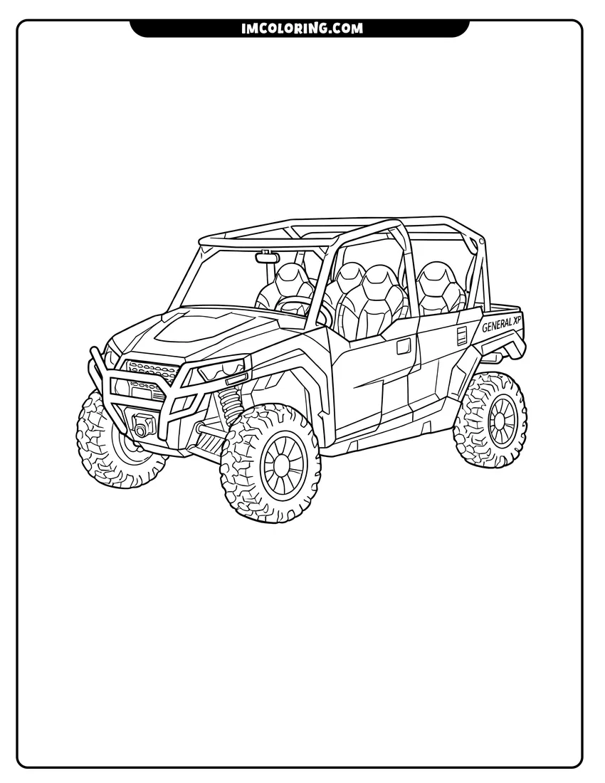 Coloring sheet of Polaris General XP four-seater side-by-side for kids