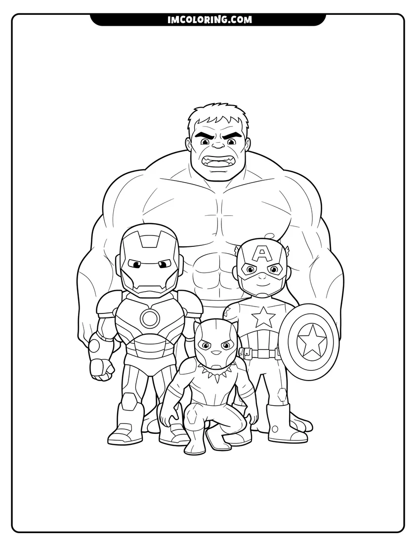 Outline of Iron Man, Captain America, Black Panther, and Hulk group on a white background