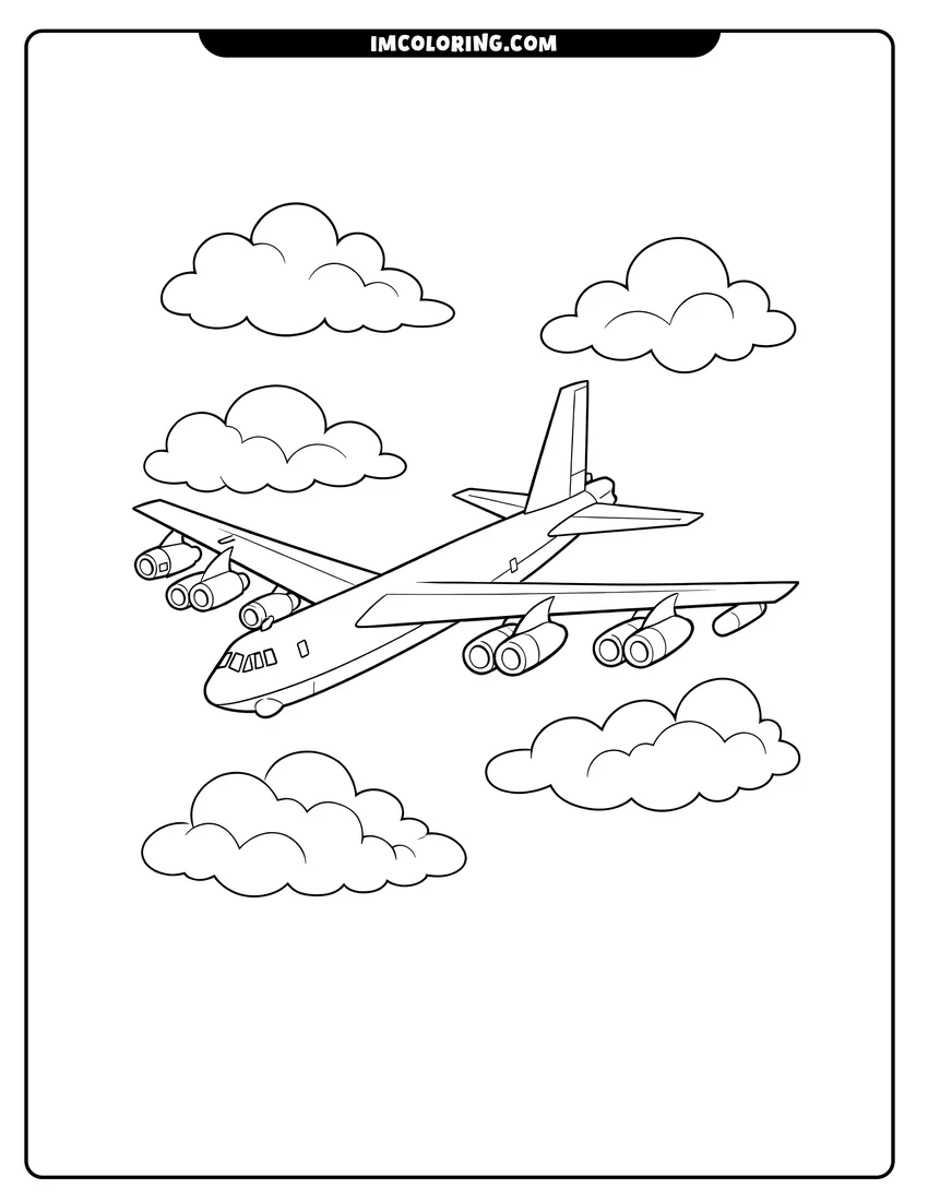 B-52 Stratofortress military bomber airplane flying in clouds coloring page for preschoolers