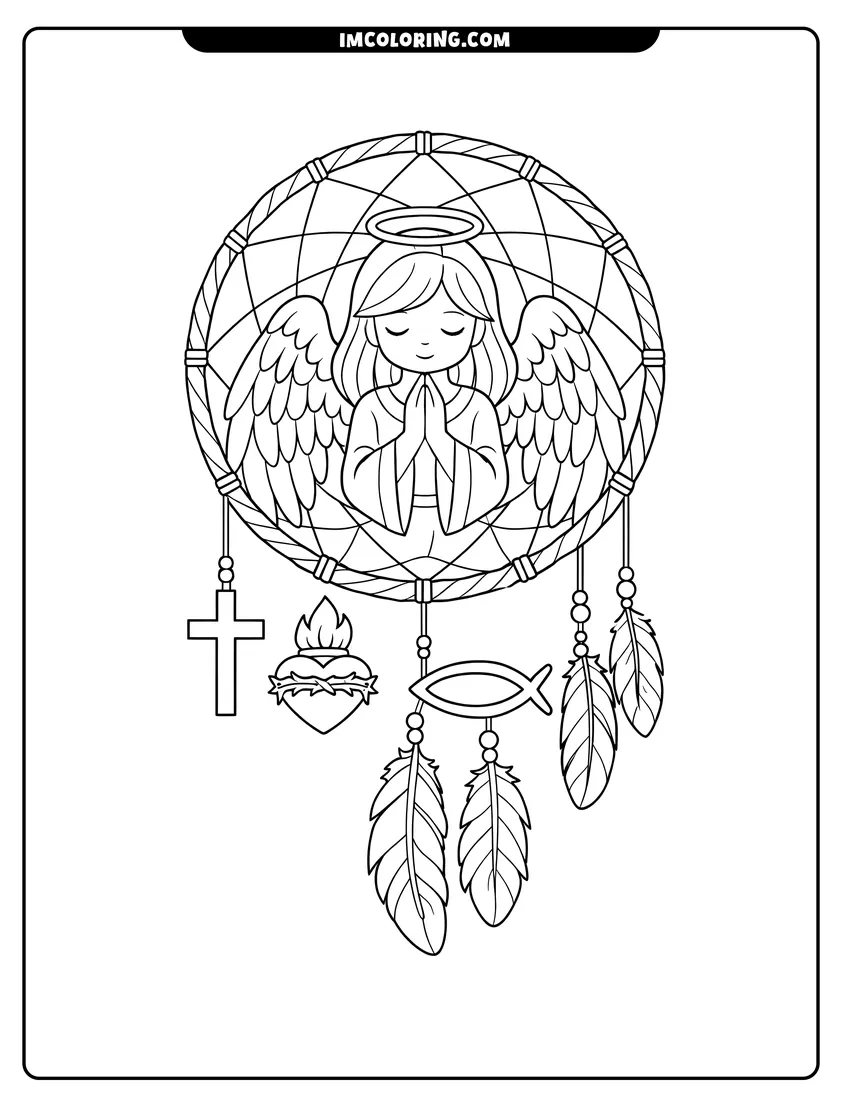 Simple line drawing of Praying angel inside a dreamcatcher with faith symbols
