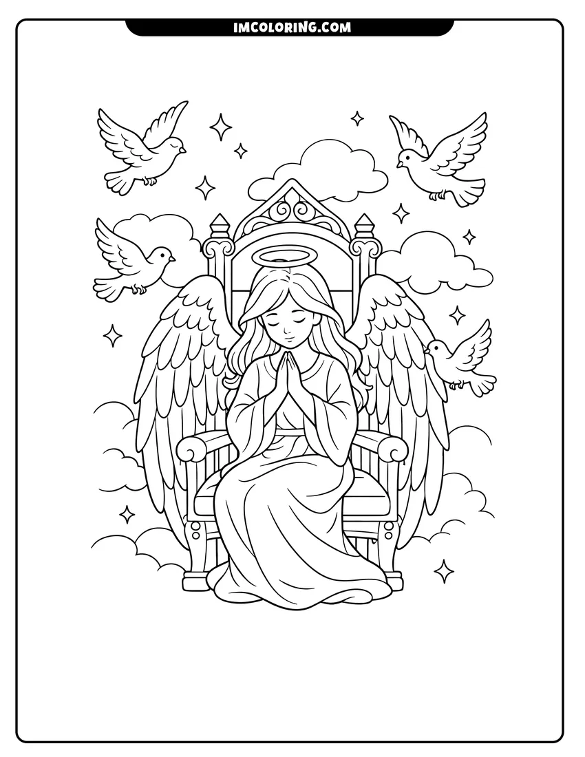 Easy-to-color Angel praying while seated on an ornate throne chair illustration