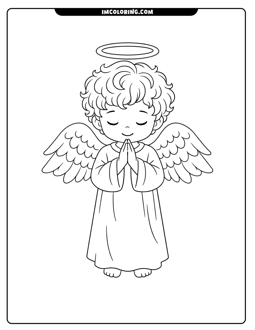Young angel boy with curly hair praying drawing meant for coloring