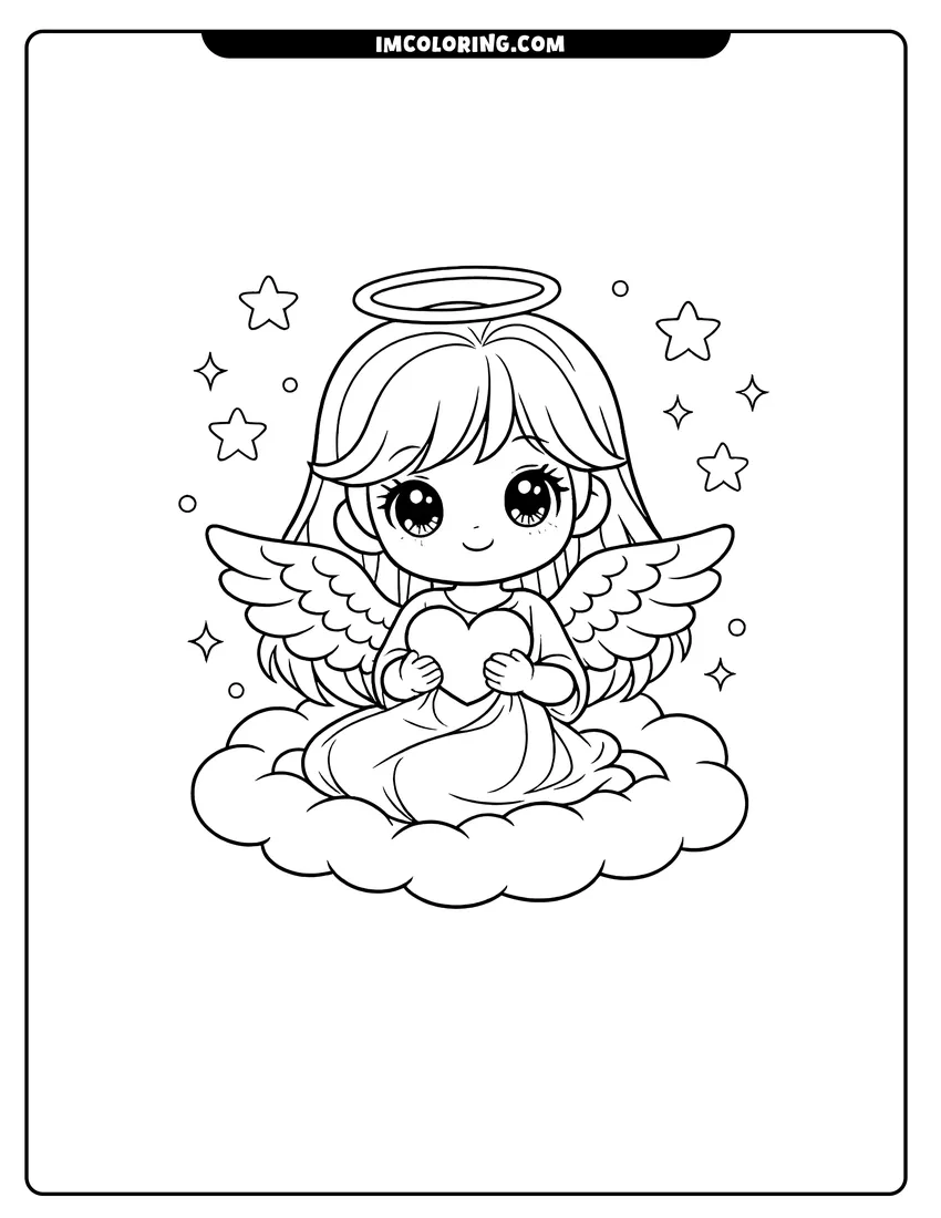 Printable Sweet angel girl holding a heart on a cloud coloring activity