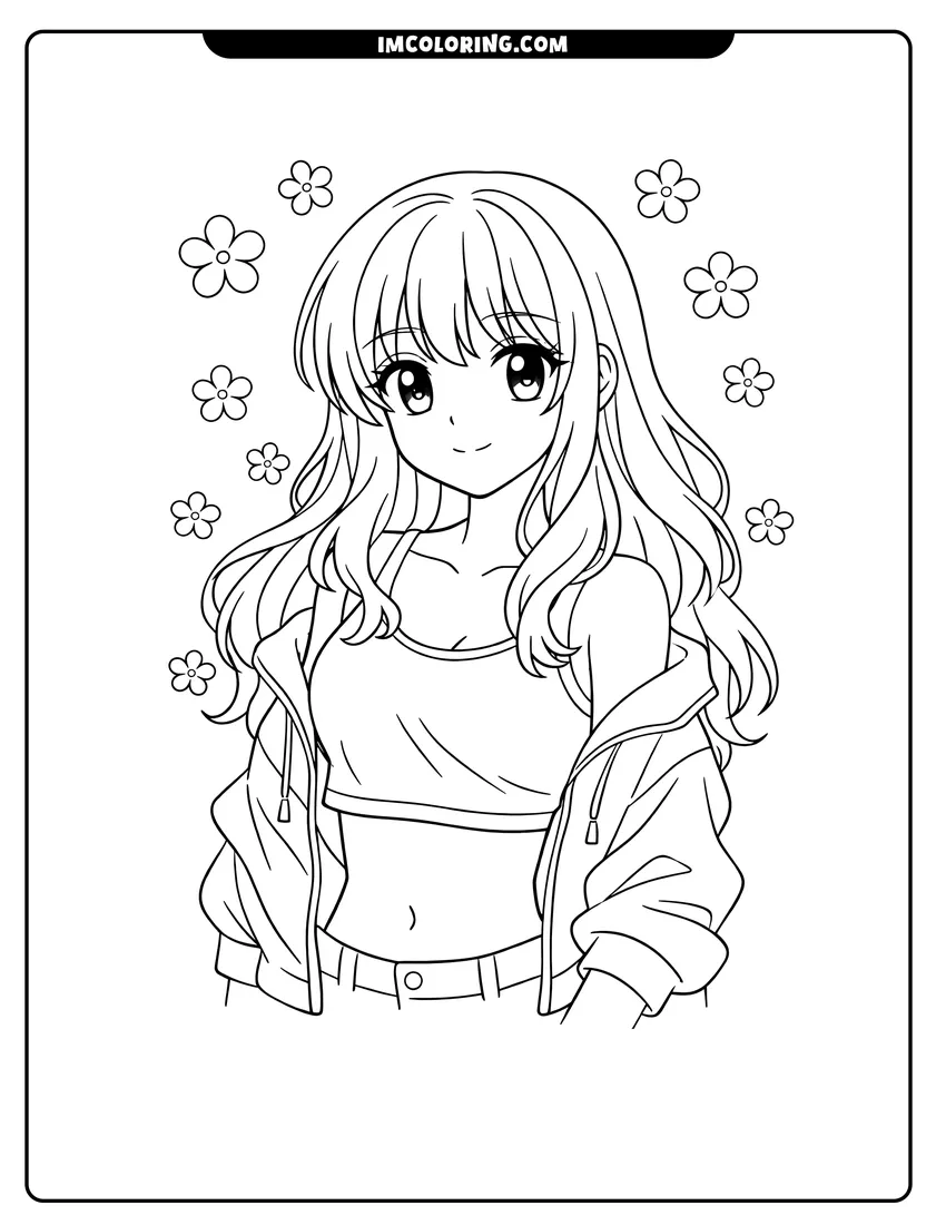 Kawaii style Pretty anime girl wearing a crop top and jacket coloring picture