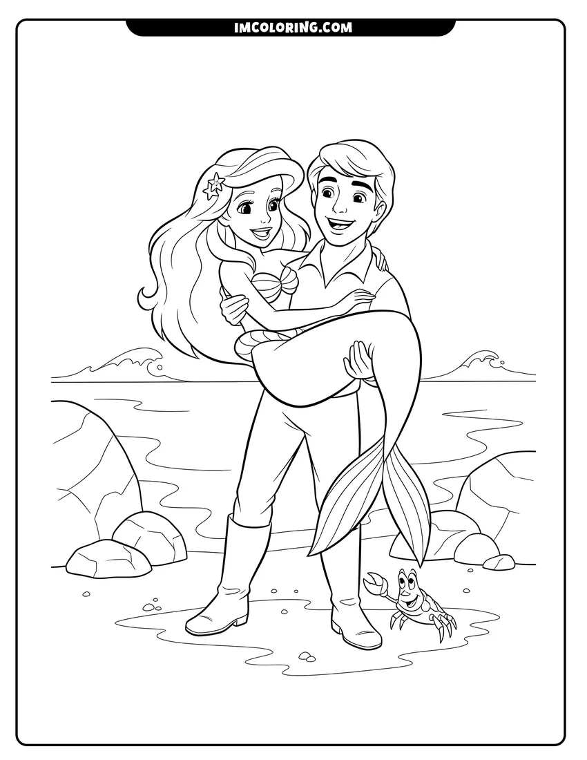 Printable coloring page featuring Prince Eric carrying Ariel on the beach