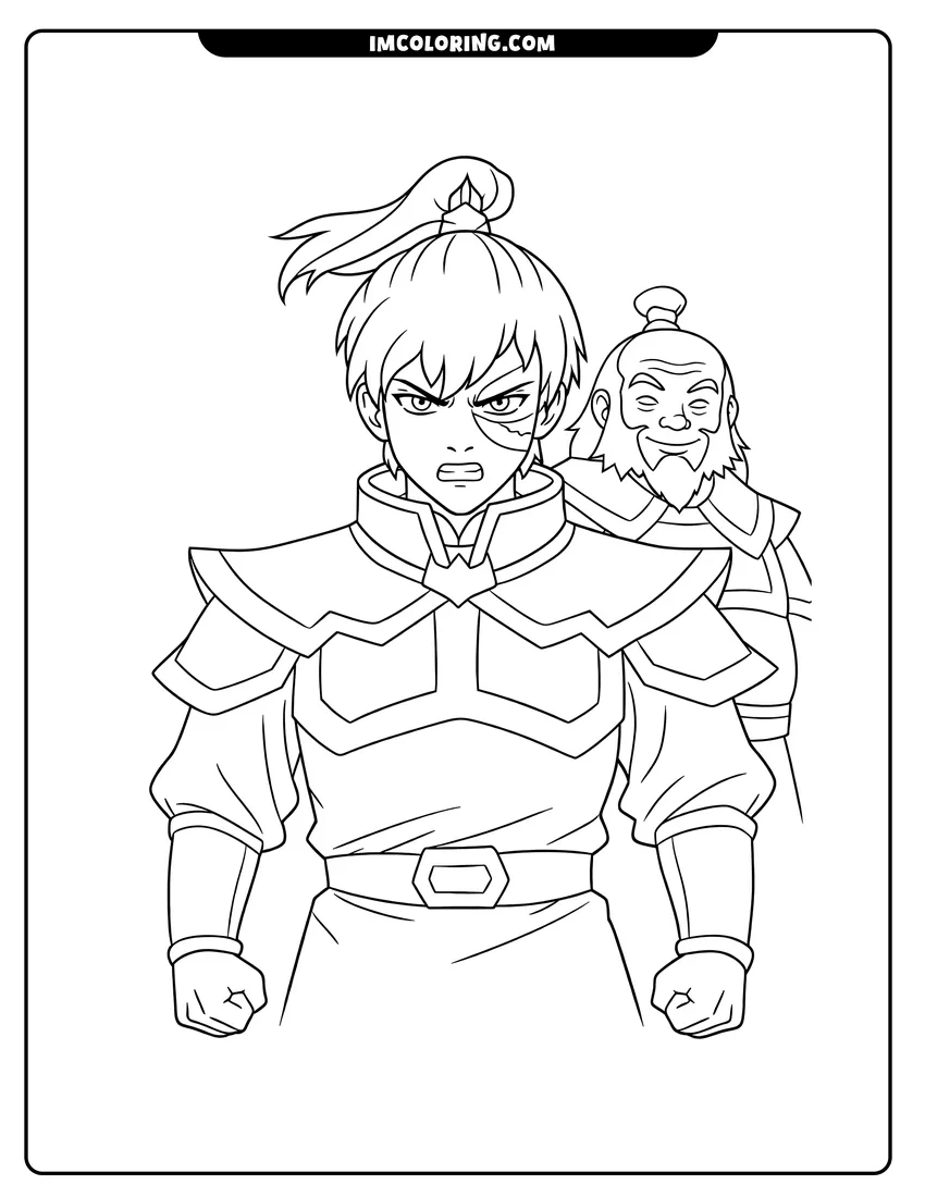Printable coloring page featuring Zuko and Uncle Iroh in a canyon