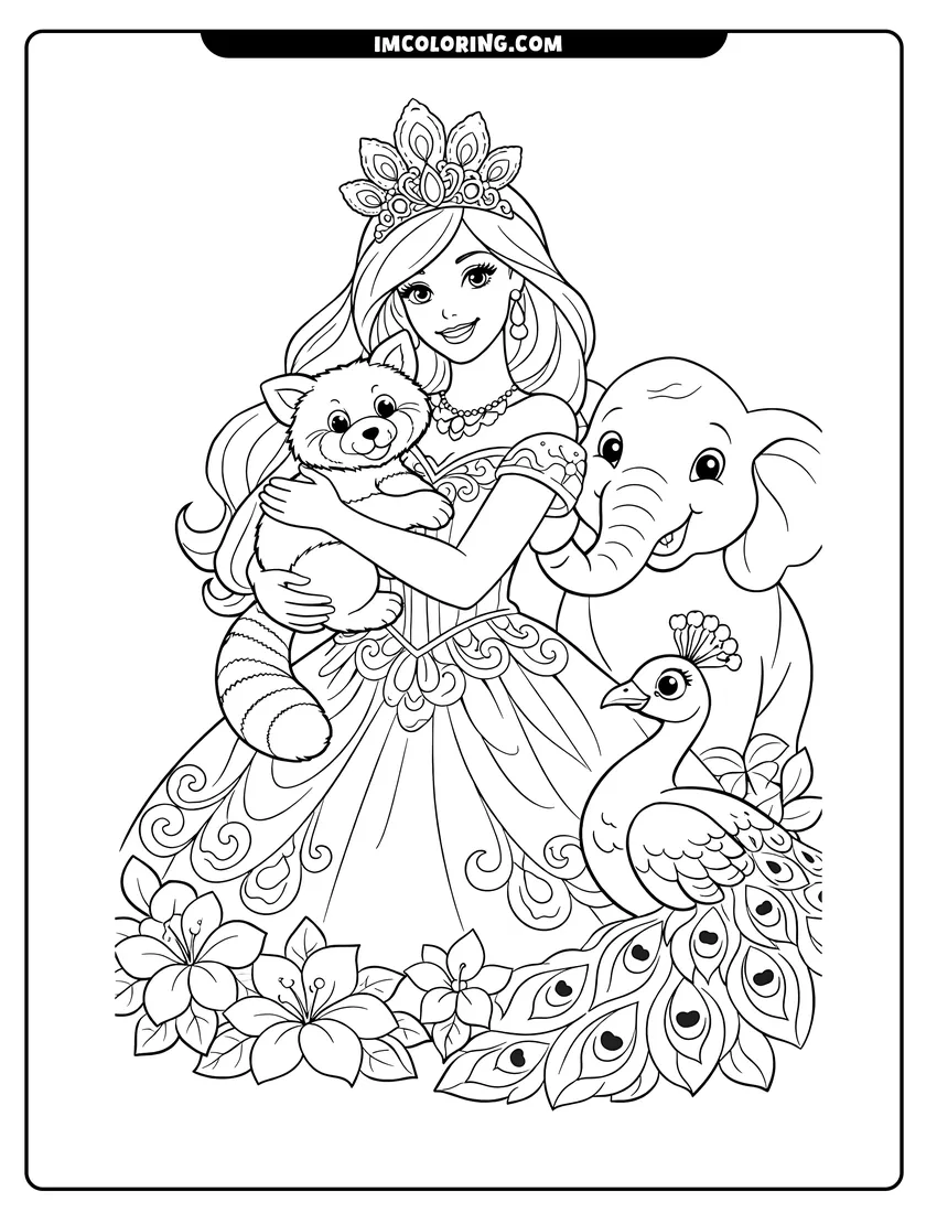 Outline of Princess Barbie with a red panda and elephant on a white background