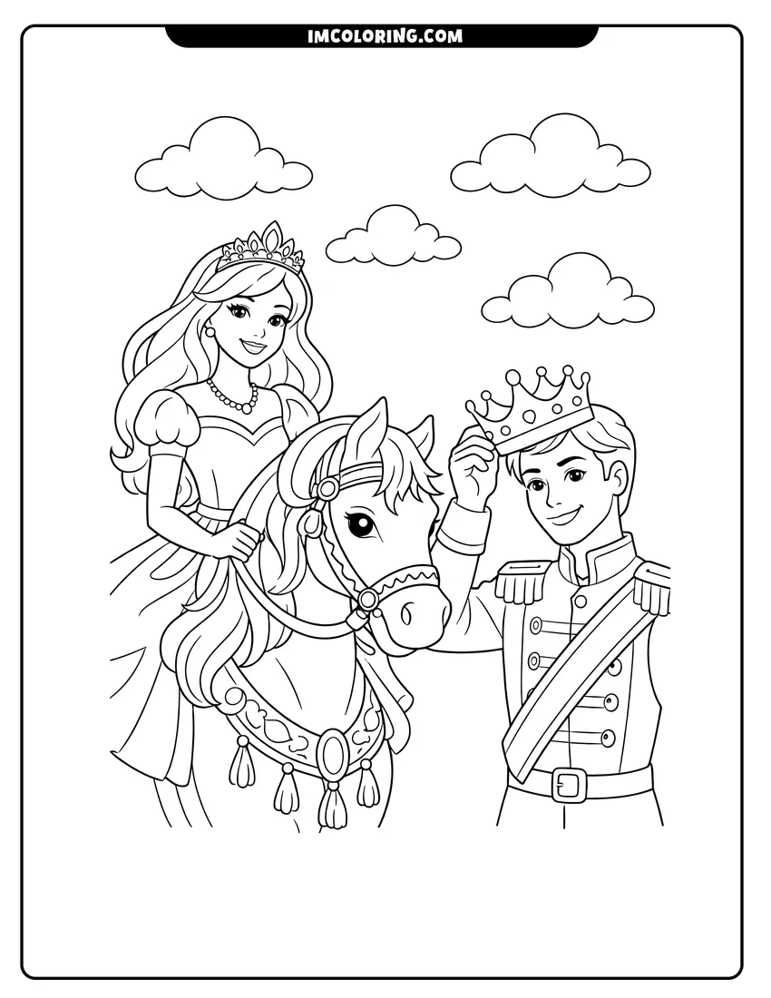 Kids activity sheet showing Princess Barbie riding a horse next to a prince