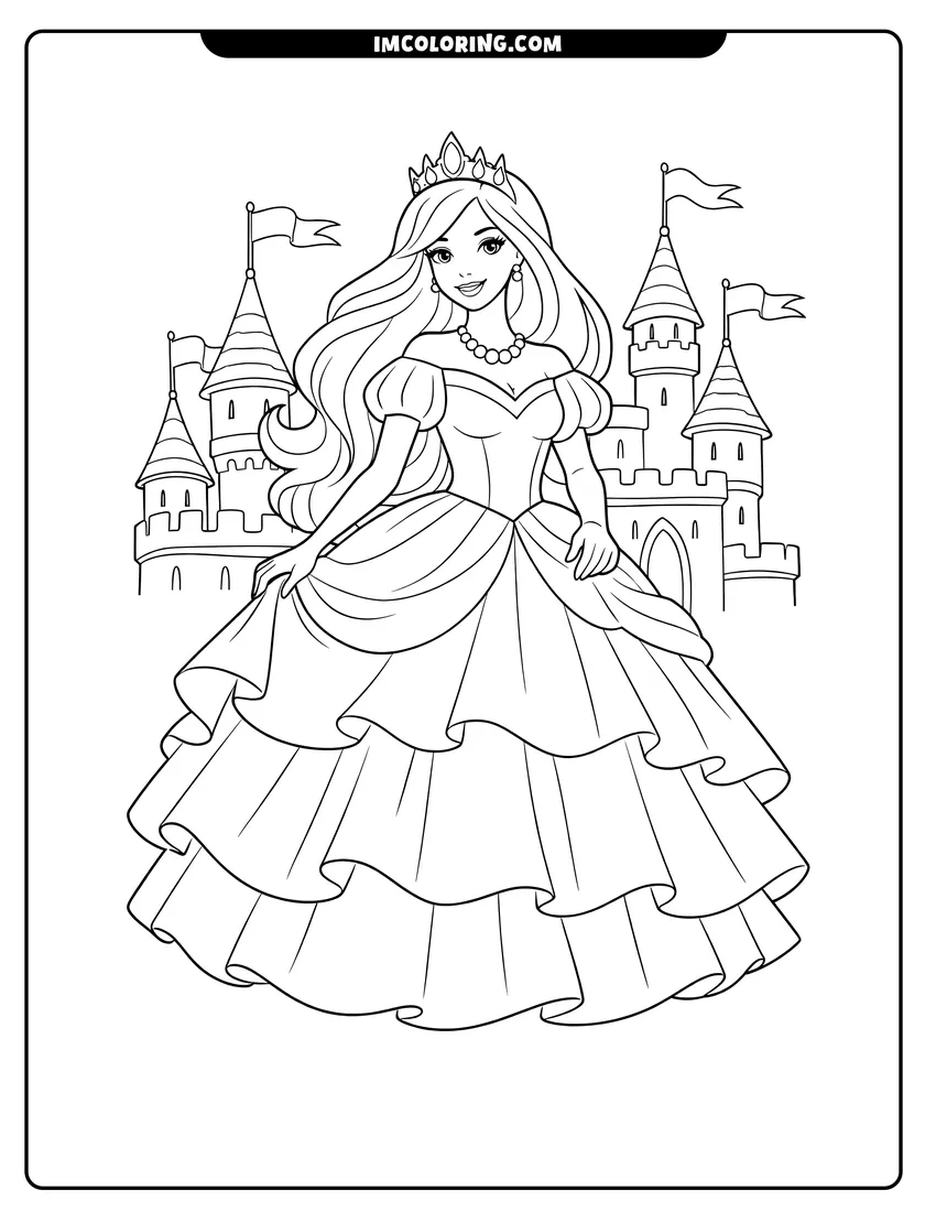 Cute Princess Barbie in front of a grand castle outline for coloring