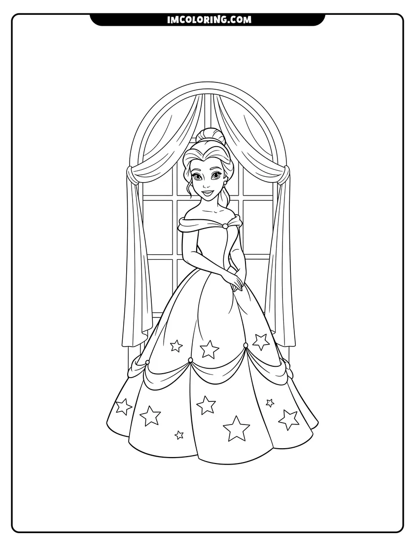Coloring sheet of Princess Belle in a ballgown with curtains for kids