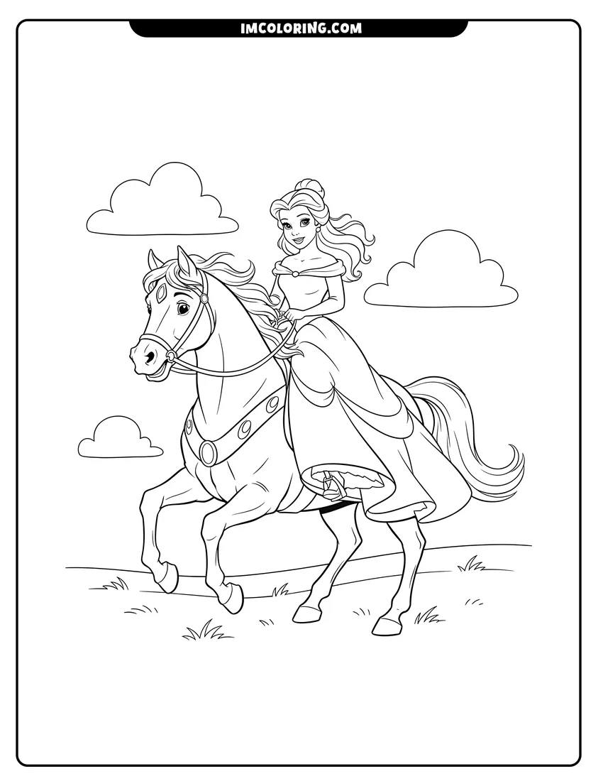 Printable outline of Princess Belle riding Phillipe through a field